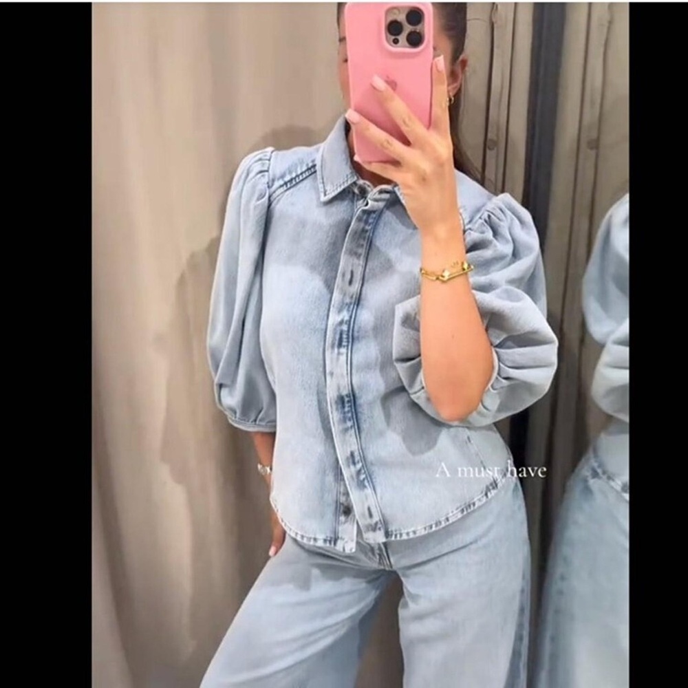 Zara NWT Light Blue Cotton Blend Denim Lapel Collar Puff Sleeve Blouse (Small) - Picture 3 of 8